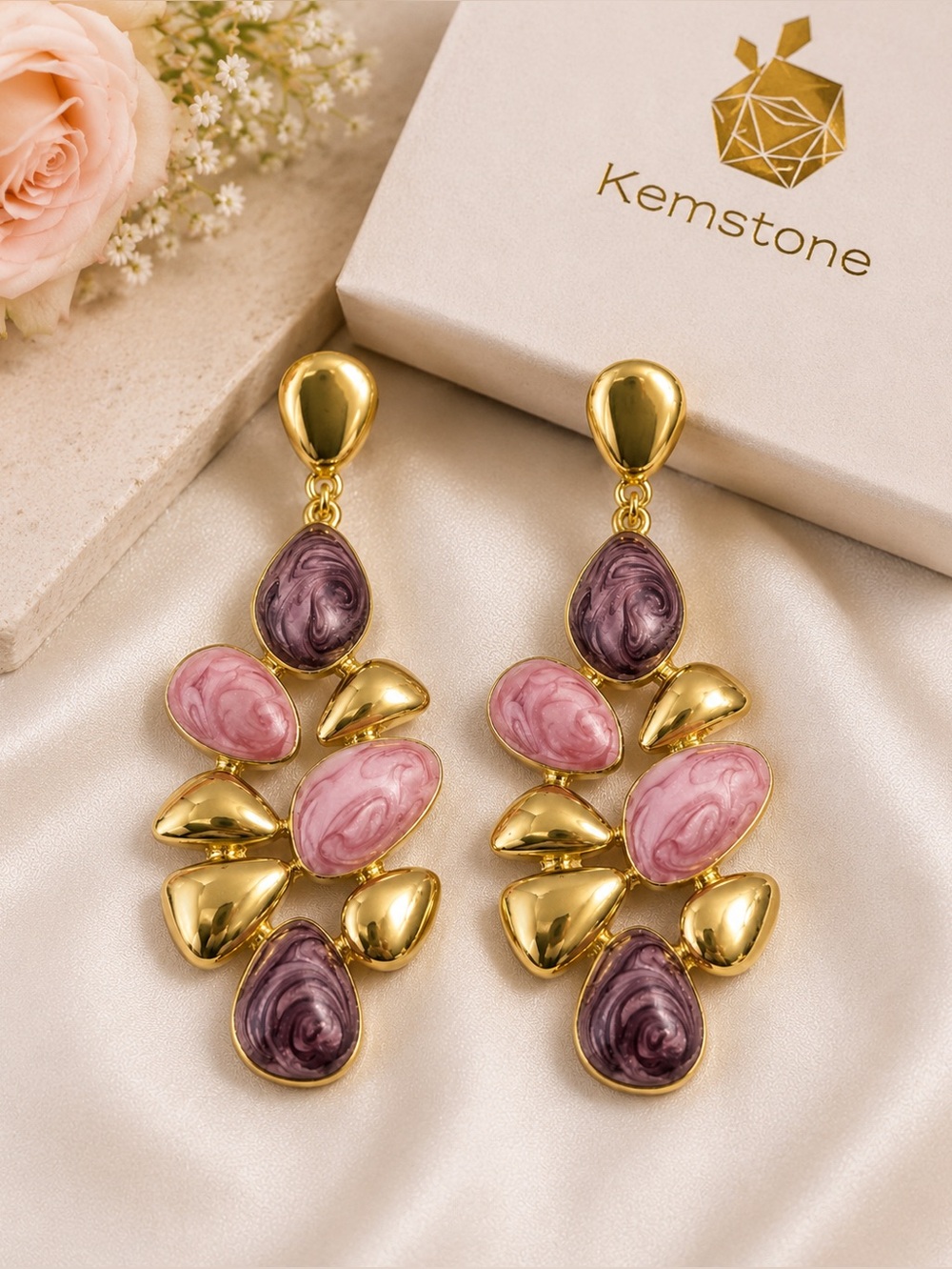 Kemstone Pink Mauve Gold Statement Drop Earrings NIB